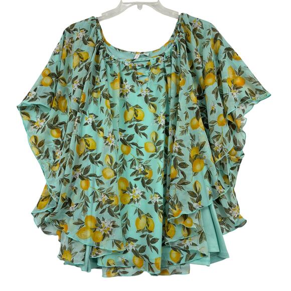 Cato Poncho Blouse Size 22/24 Green Lemon Print Sheer Top Attached Tank Lining - Picture 1 of 10